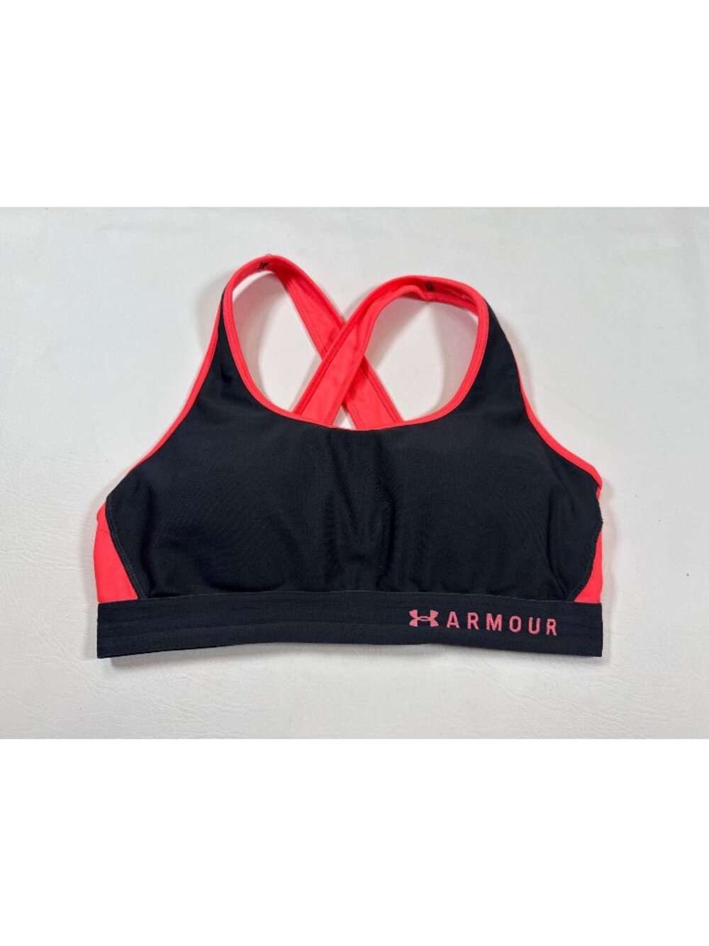Under Armour Womens Racerback Black & Neon Coral Sports Bra L (Z481)